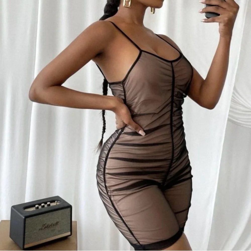 SHEIN Black Contrast Mesh Ruched Cami Romper In Large